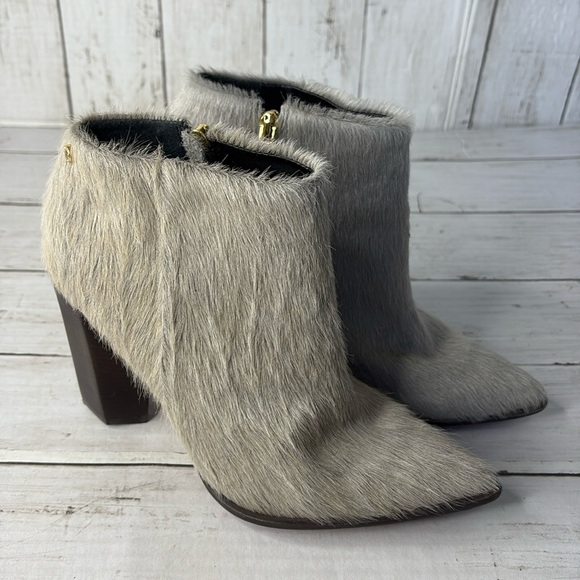 ANDREA CARRANO Pearl Gray Pony Hair Heeled Side-Zip Booties. - Picture 1 of 12